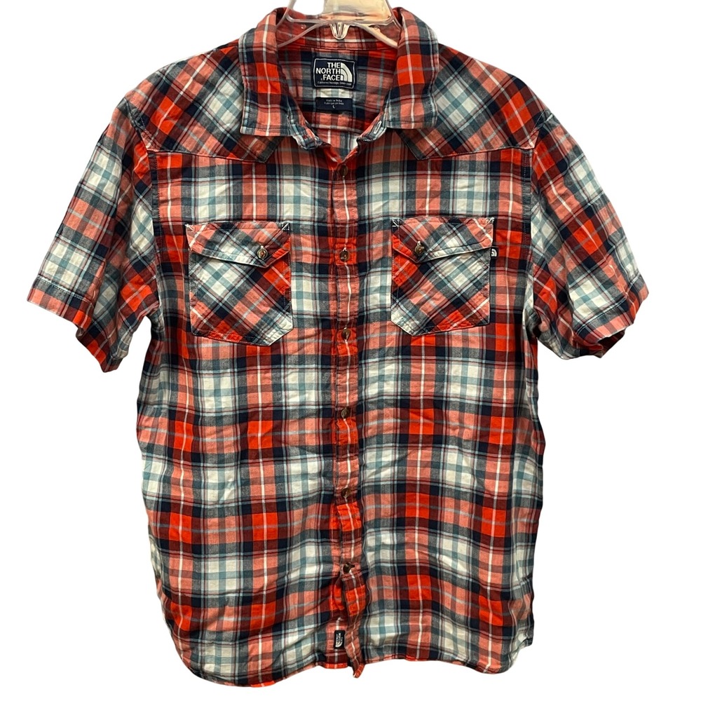 The North Face Mens Plaid Short Sleeve Button Up Shirt Red‎ Blue L